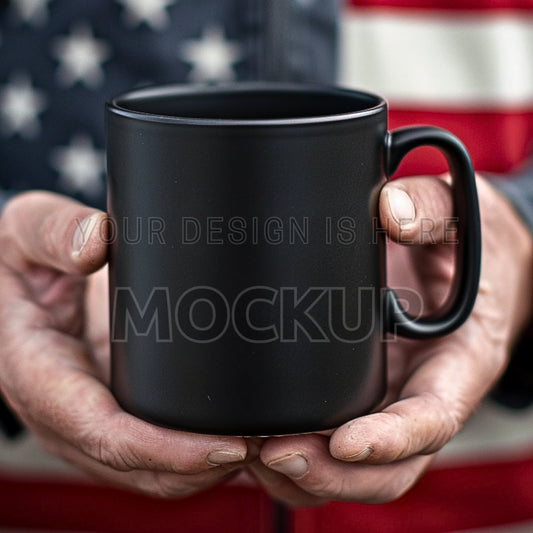 Black Mug Mockup in Men Hands, Coffee Cup Mockup, 11oz Black Mug Mocks, Aesthetic Minimalist Patriotic Mockup, Mockup Mug Cup in Male Hands