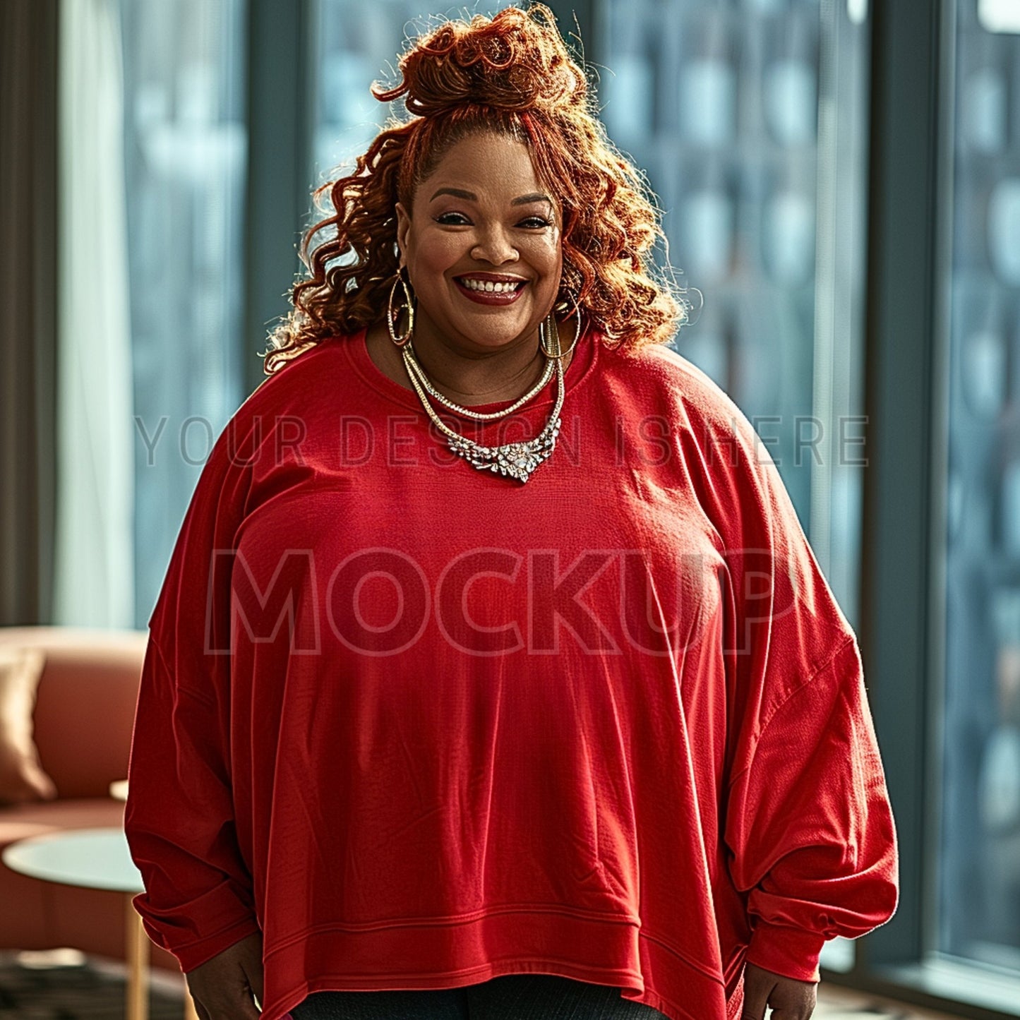 Plus Size Black Women Model Mockup Red Crew Neck Sweatshirt Gildan 18000 mock ups Lifestile - Sales Boosting Mockup