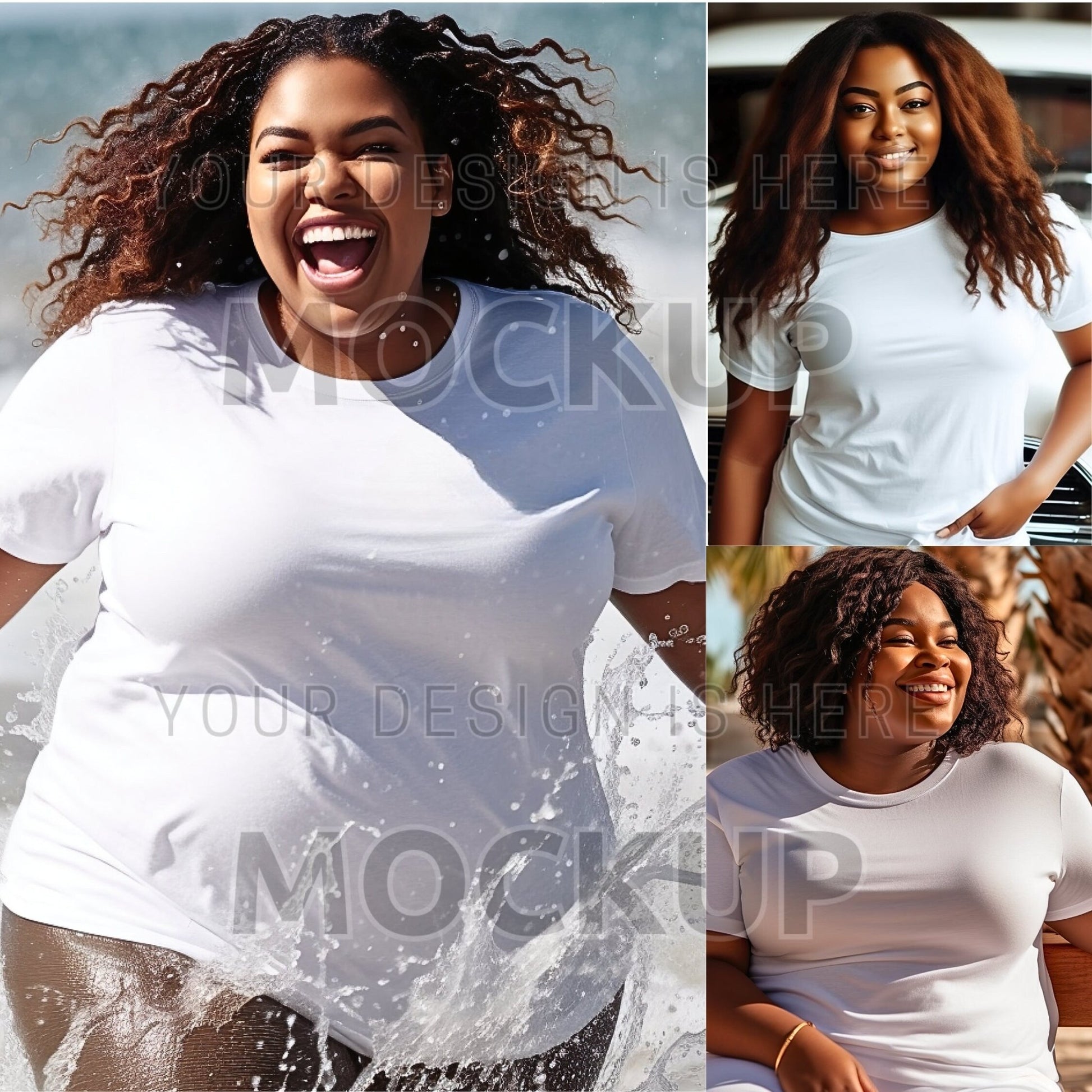 Plus Size Mockup Bundle White T-Shirt Summer mock ups Lifestile Black Model Bella Canvas 3001 - Sales Boosting Mockup