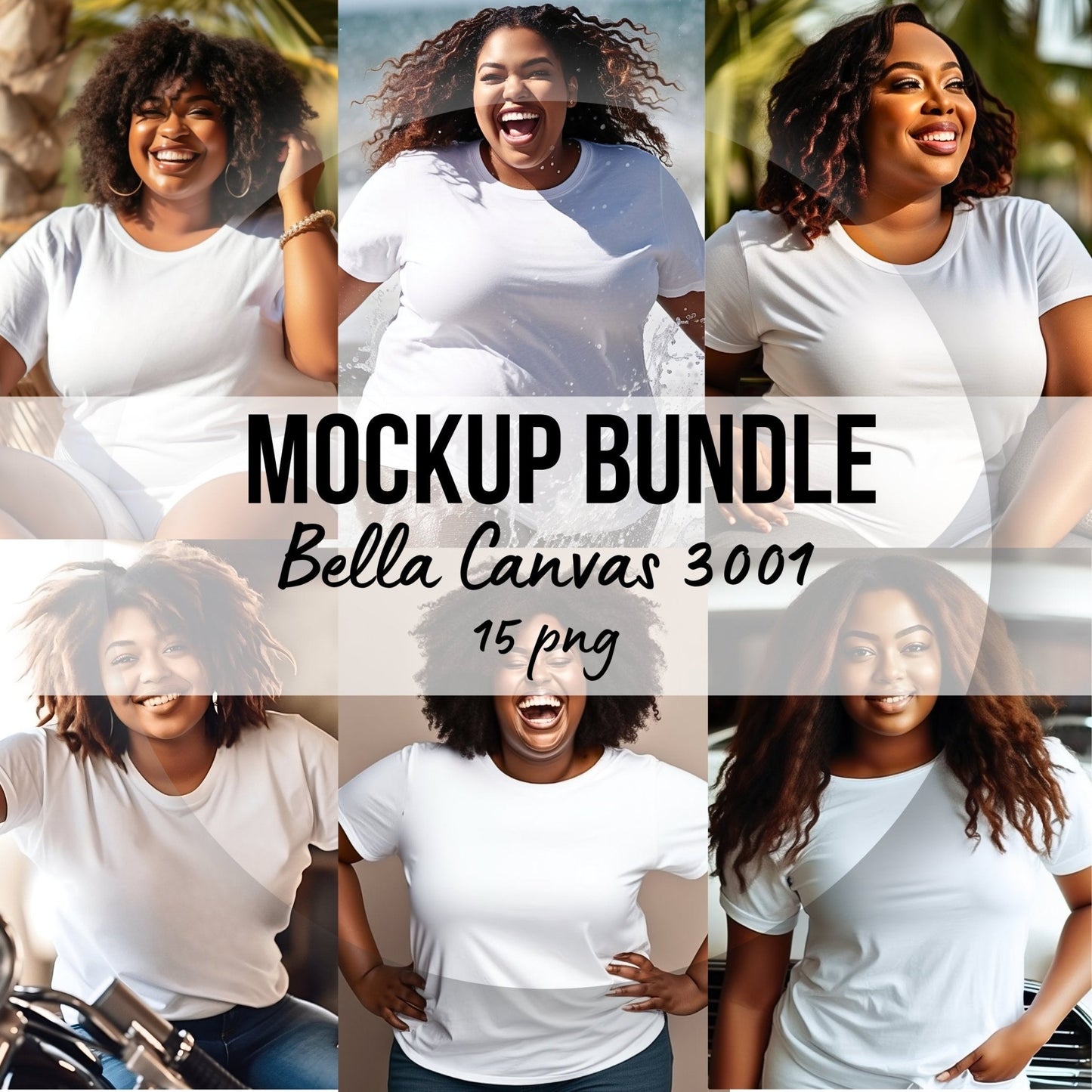 Plus Size Mockup Bundle White T-Shirt Summer mock ups Lifestile Black Model Bella Canvas 3001 - Sales Boosting Mockup